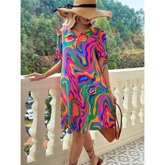 Women's XL Multi-Color Collared Short Sleeve Mini Dress Size 10-12 - Picture 3 of 16